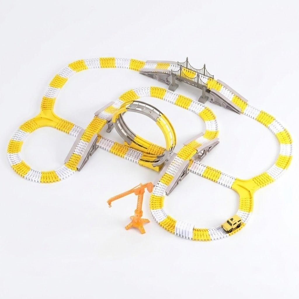 Yellow and gray car track set with a vertical loop, suspension bridge, orange crane, and yellow mini car on a white background.