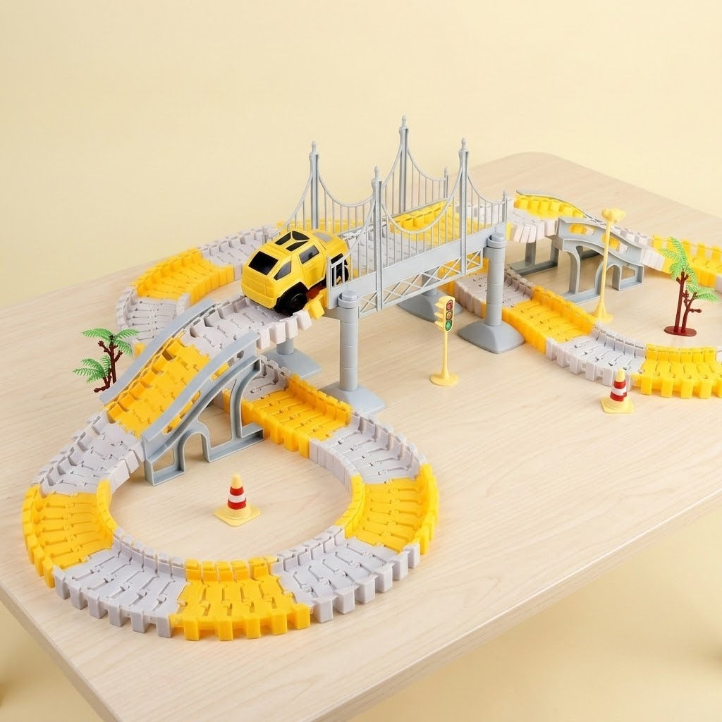 Yellow and gray car track set with a suspension bridge, yellow mini car, trees, and cones on a wooden table against pale yellow.