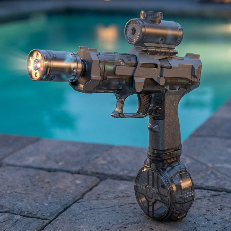 A gray electric water gun with an illuminated barrel and round reservoir stands on stone paving beside a pool in dim light.