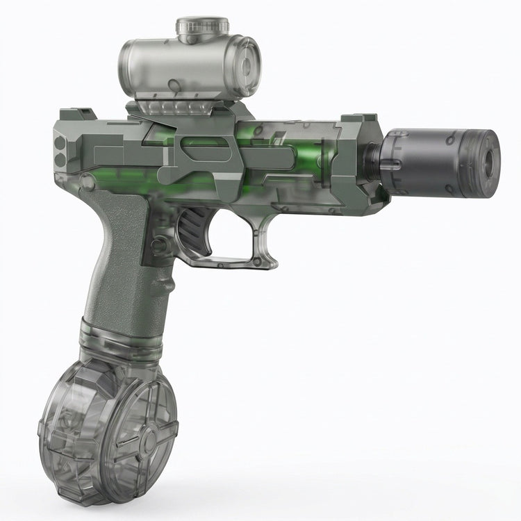 A translucent gray electric water gun with green internal details, a top attachment and round reservoir stands against a white background.
