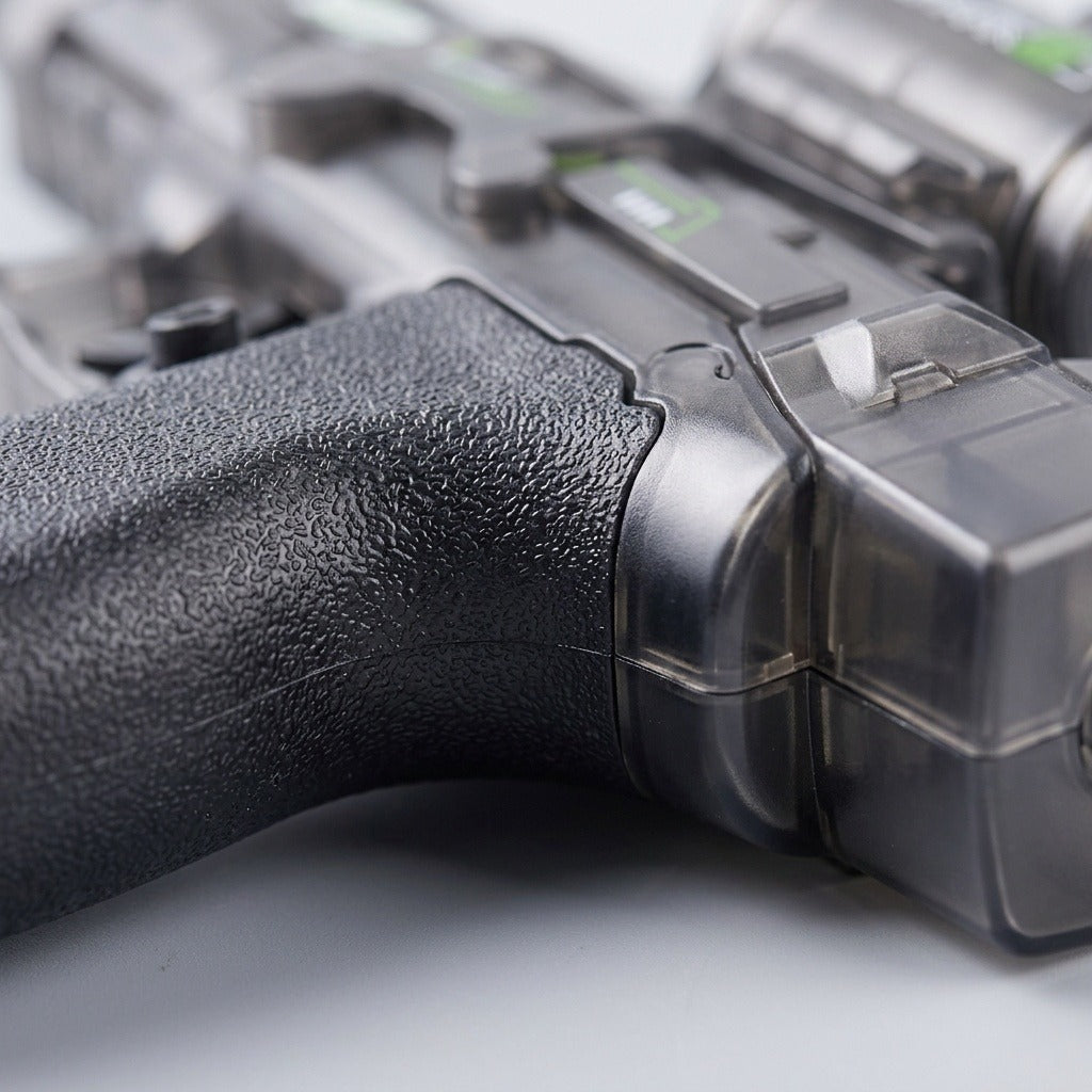 A close-up shows the electric water gun’s black textured grip and translucent gray plastic body against a light gray background.