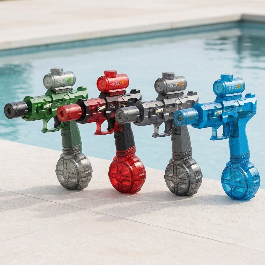 Four electric water guns in green, red, gray, and blue stand on a pale stone deck beside a swimming pool.