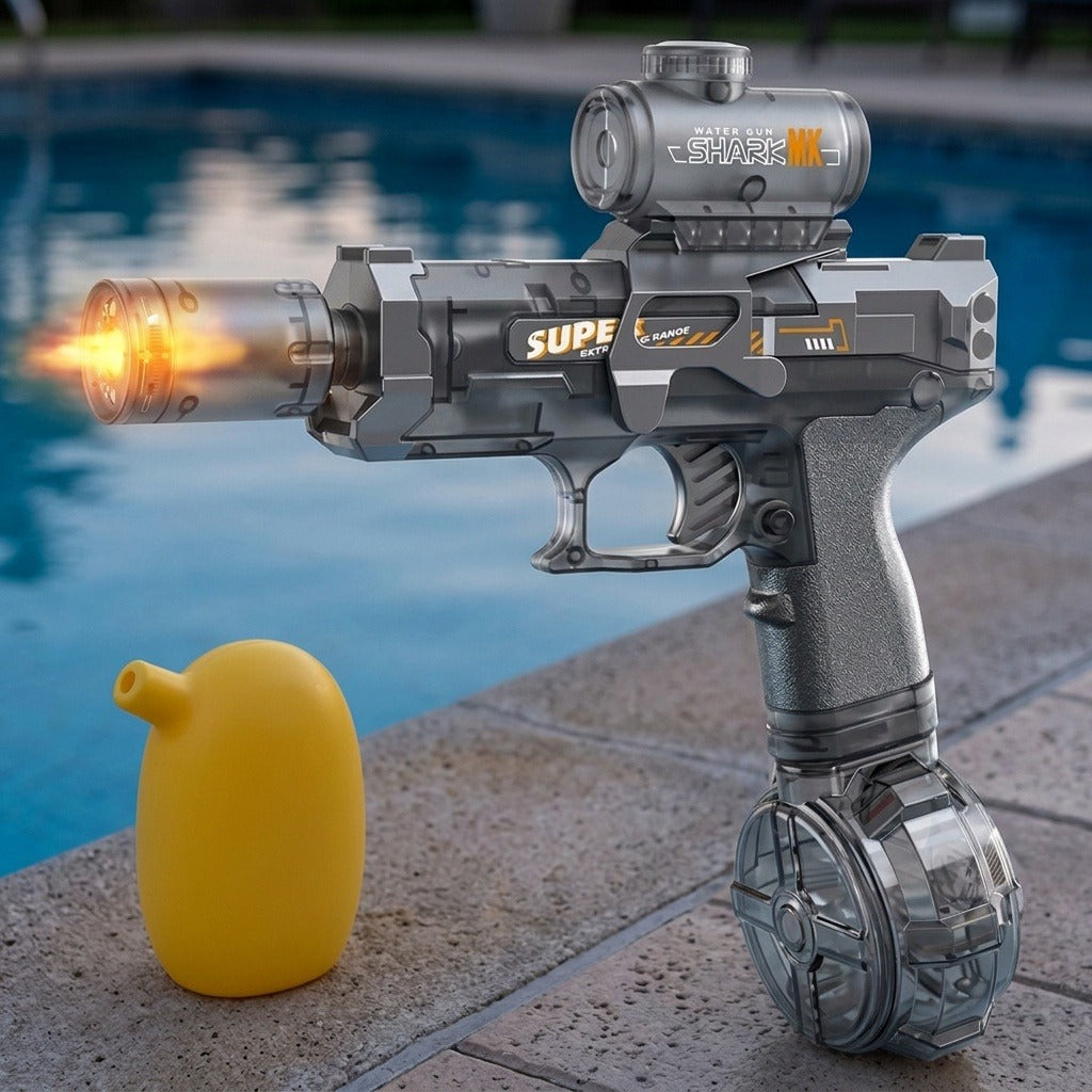 A gray electric water gun displays an orange flame effect beside a yellow container on a stone pool edge.