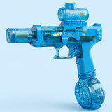 Translucent blue electric water gun with a cylindrical top tank and round base attachment against a light blue background.