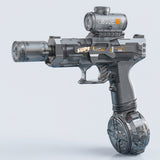 A smoky gray electric water gun with a textured grip, cylindrical top tank, and transparent round base stands against a light gray background.