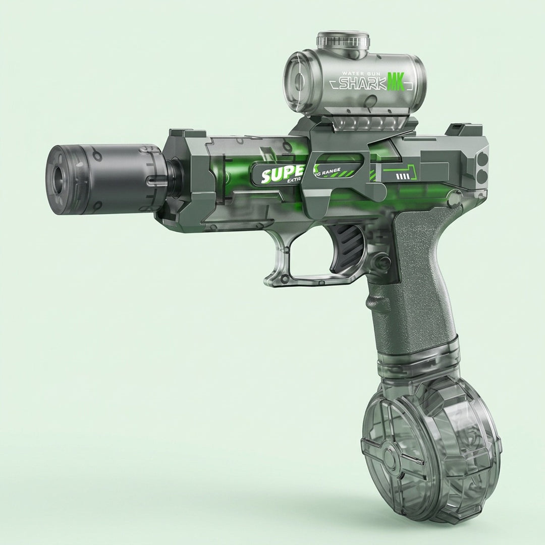 A green and smoky gray electric water gun with a cylindrical top tank and round base stands against a pale mint background.