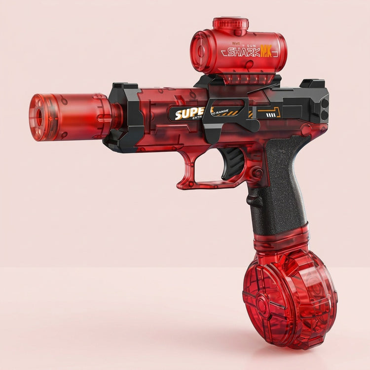 A translucent red and black electric water gun with a cylindrical top tank and round base stands against a pale pink background.