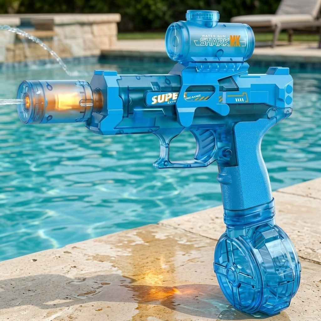 A translucent blue electric water gun sprays water with an orange barrel glow while standing on a wet stone pool edge.