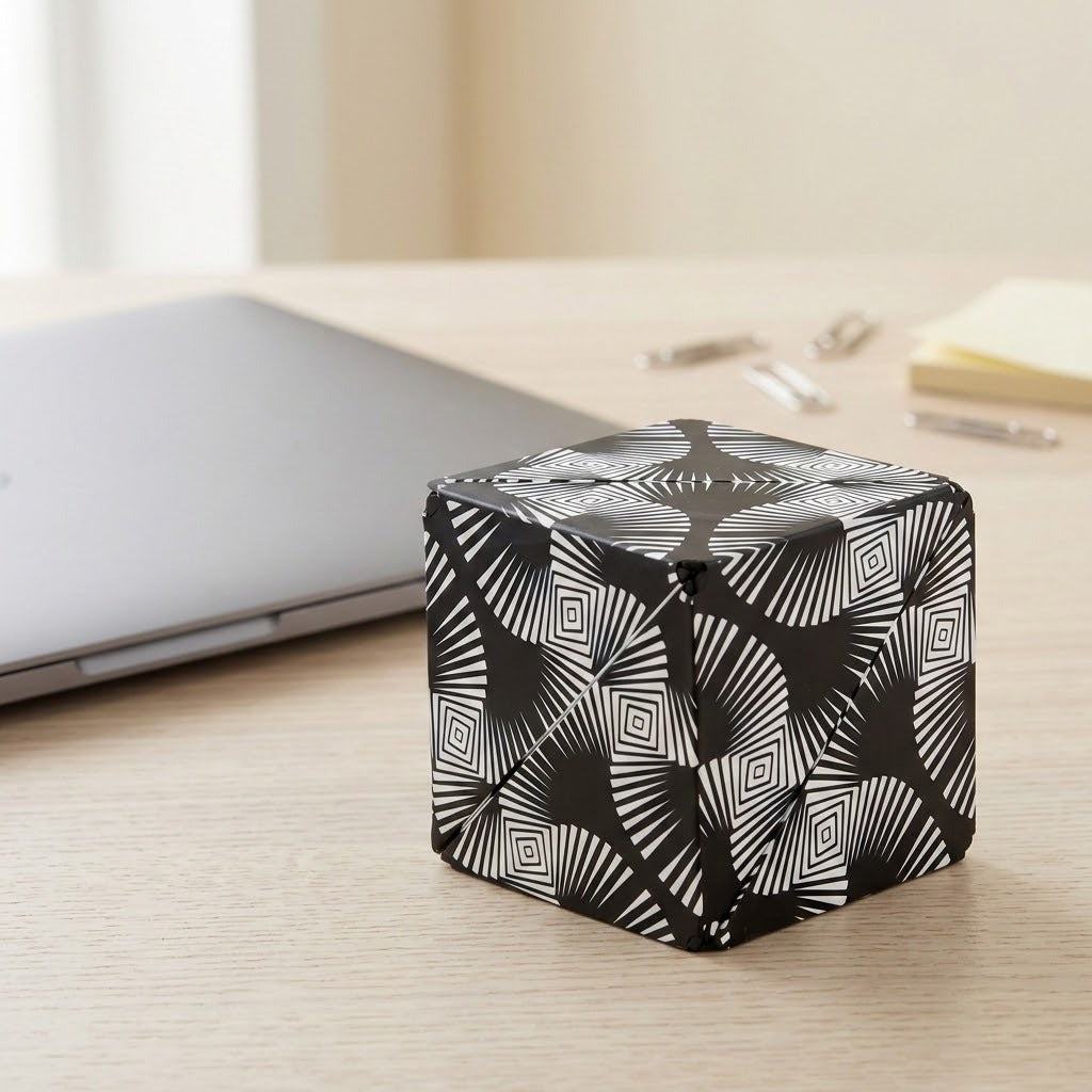 A closed black and white geometric puzzle cube rests on a light wooden desk beside a closed silver laptop.
