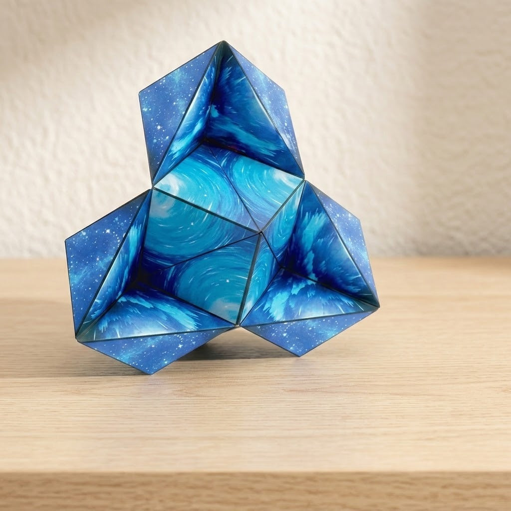 A blue and teal galaxy-patterned puzzle cube forms an open triangular arrangement on a wooden surface against a beige wall.