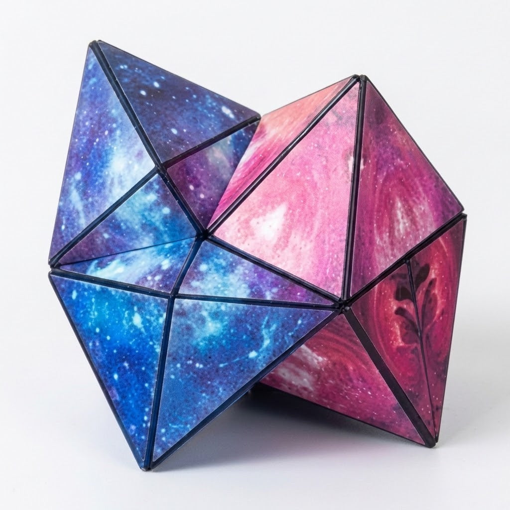 A blue, purple and pink galaxy-patterned puzzle cube forms an angular shape with triangular panels against a white background.