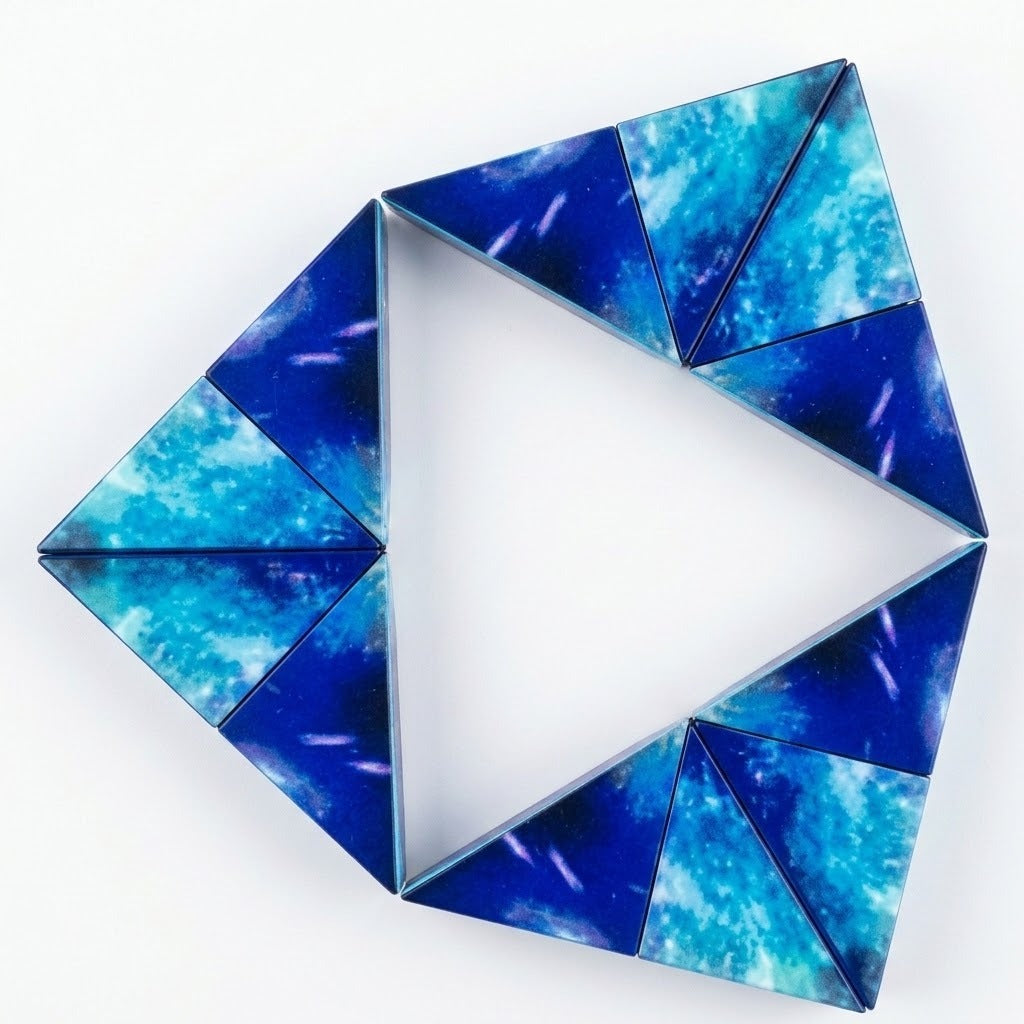 Blue and turquoise galaxy-patterned puzzle cube unfolded around a triangular opening on a white background.