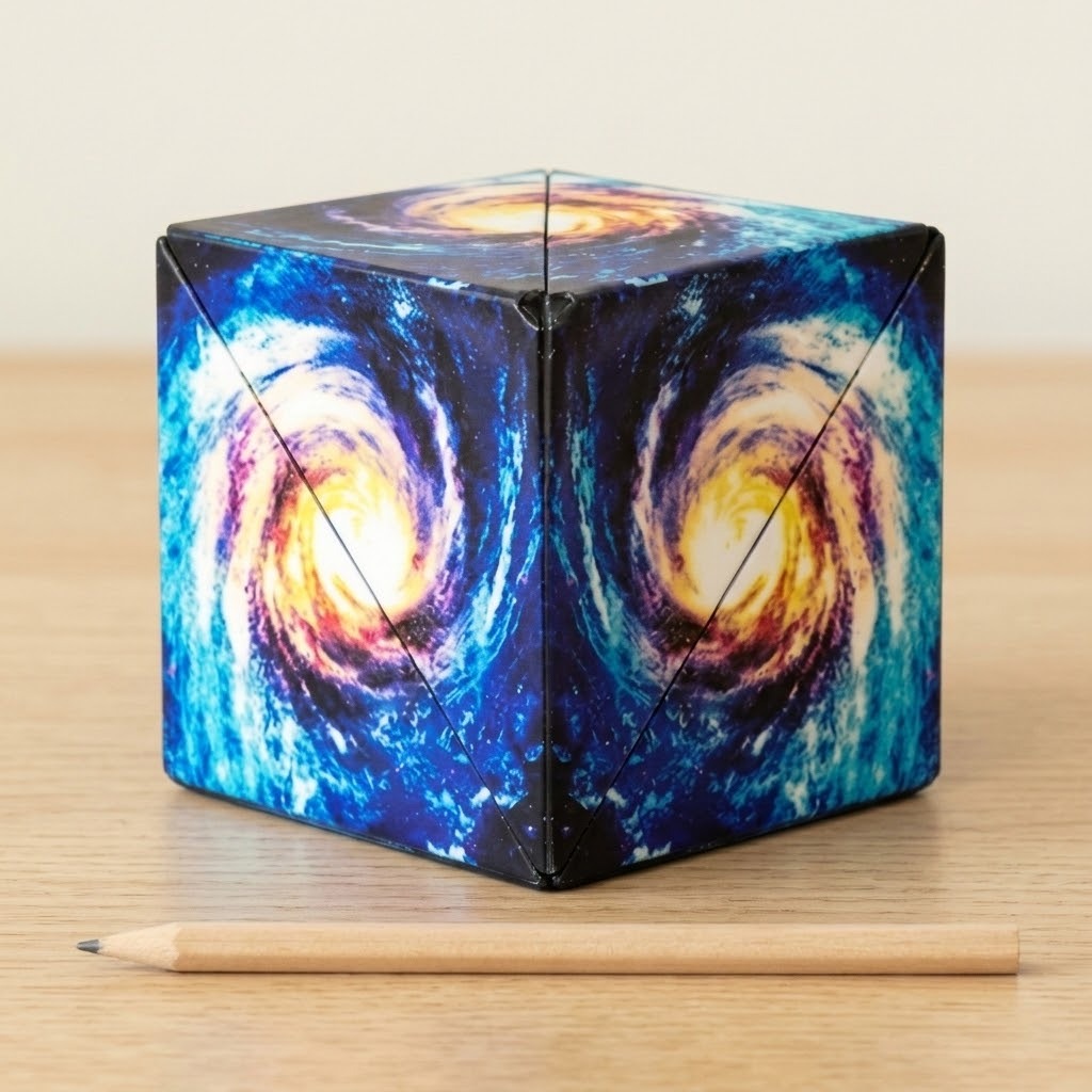 Blue galaxy-patterned puzzle cube with yellow spiral centres sits on a light wooden table behind a wooden pencil.