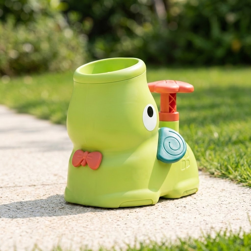 Lime-green elephant-shaped plastic disc launcher with a coral bow and teal ear sits on a sunlit garden path.