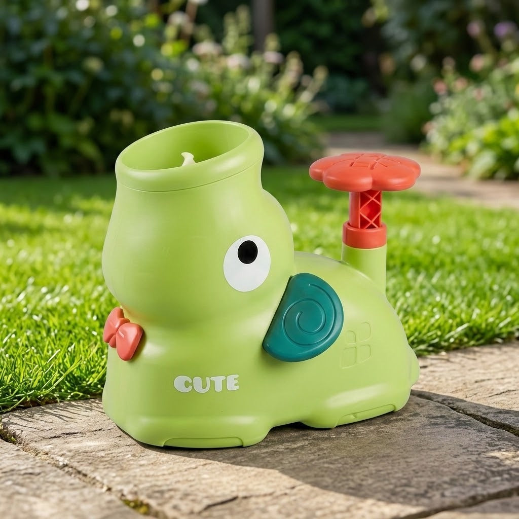 Green elephant-shaped disc launcher with a visible top opening, teal ear and raised coral pedal sits on stone paving beside grass.