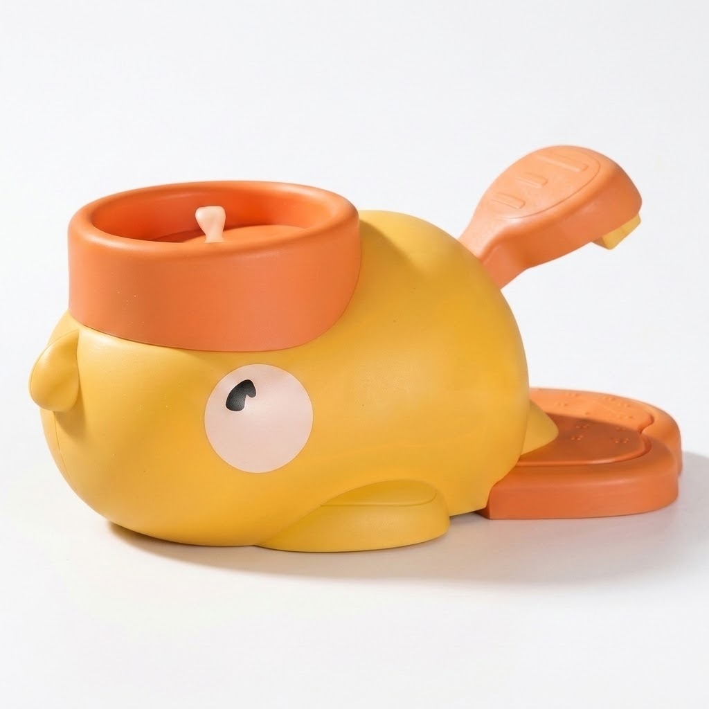 Yellow duck-shaped plastic disc launcher with an orange launch opening and rear pedal stands against a white background.