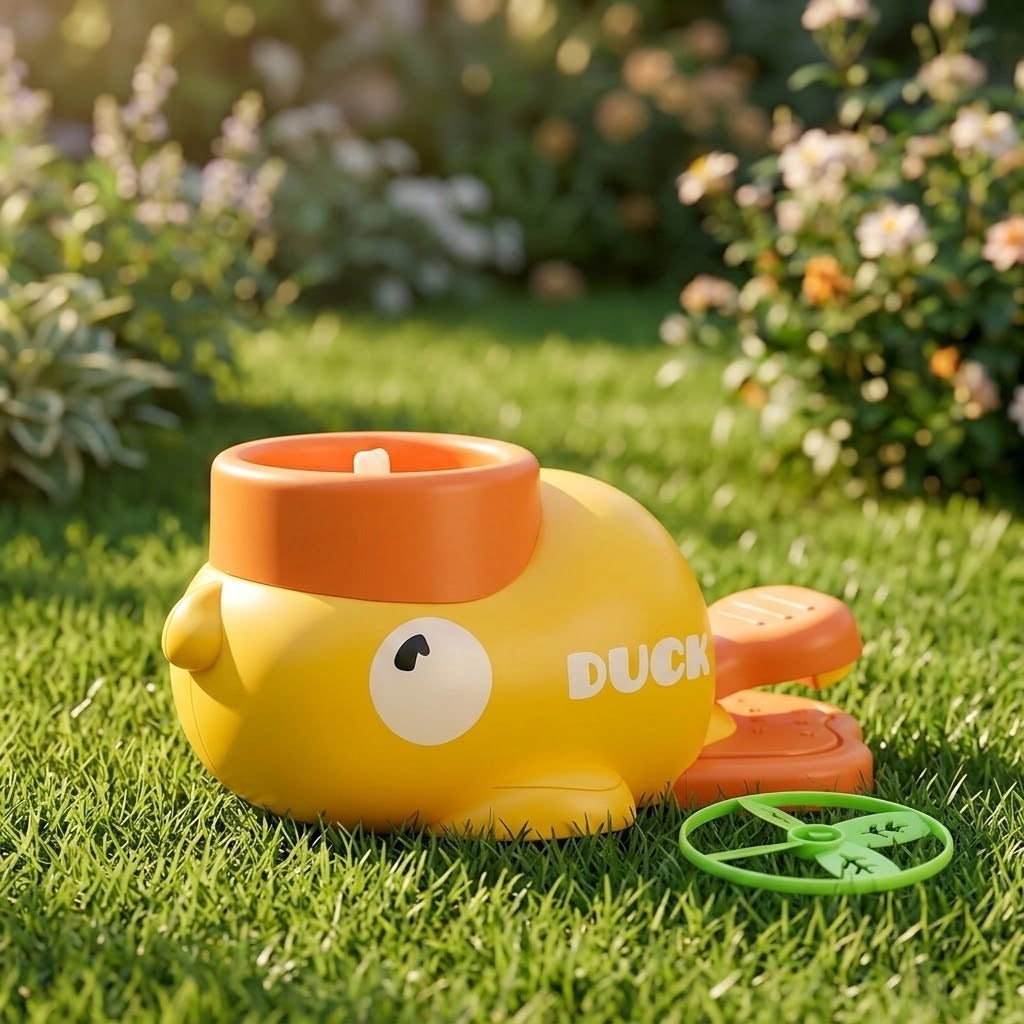 A yellow duck-shaped plastic disc launcher with orange pedals sits beside a green disc on grass in a sunny garden.