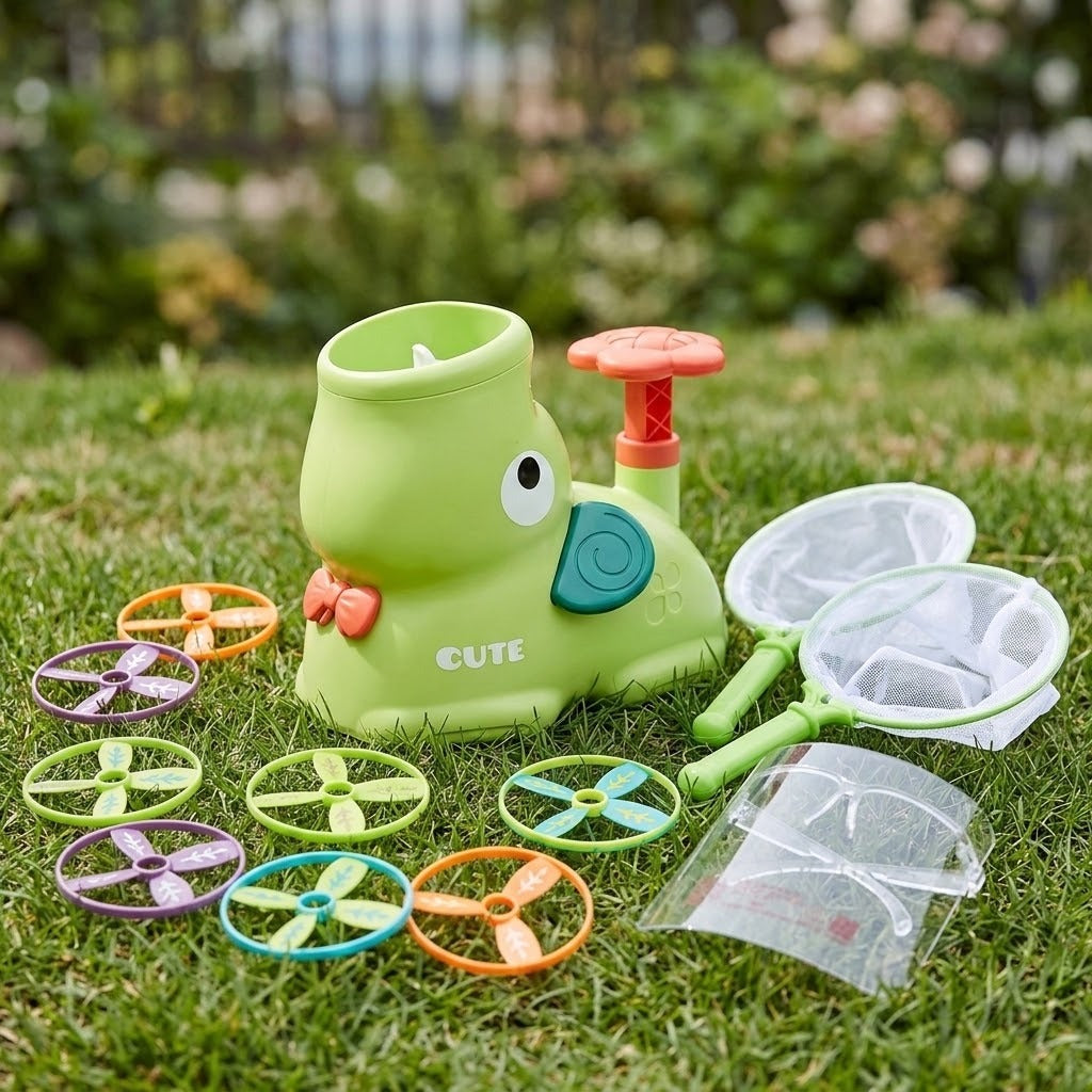 A green elephant-shaped plastic disc launcher with a red pedal sits on grass with colorful discs, two nets, and a clear face shield.