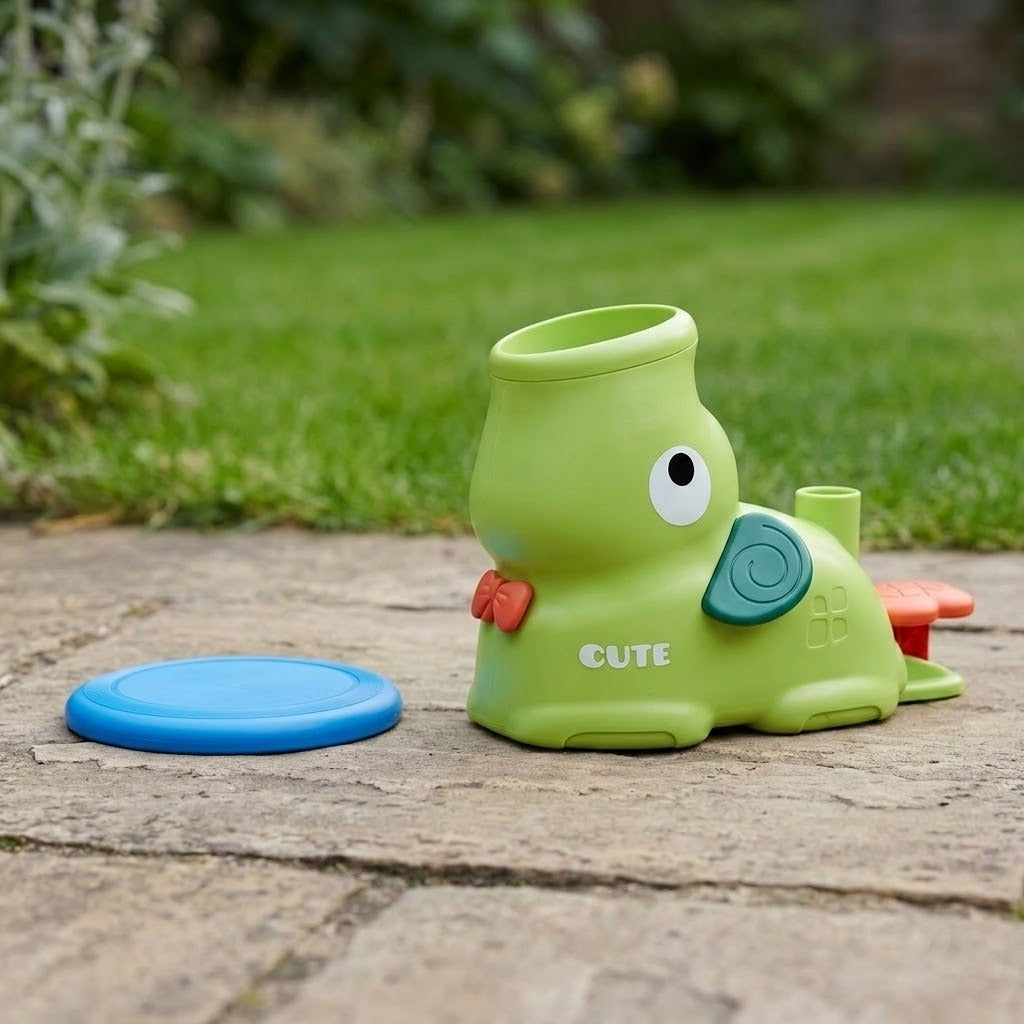 A green elephant-shaped plastic disc launcher with a teal ear and red pedal sits beside a blue disc on a stone patio.