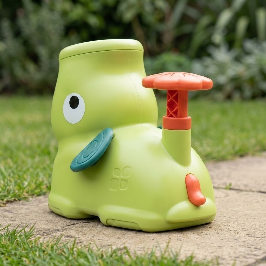 Rear three-quarter view of the green elephant disc launcher shows its coral pedal, small tail and teal ear on a garden path.