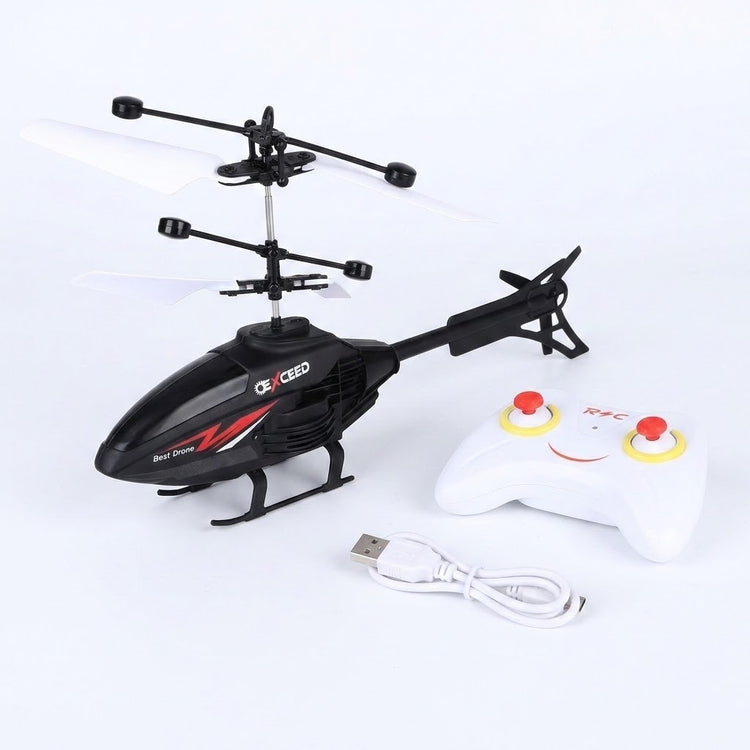 Black RC remote control helicopter toy with red and white graphic accents, shown with a white remote control controller and a white USB charging cable on a white background.