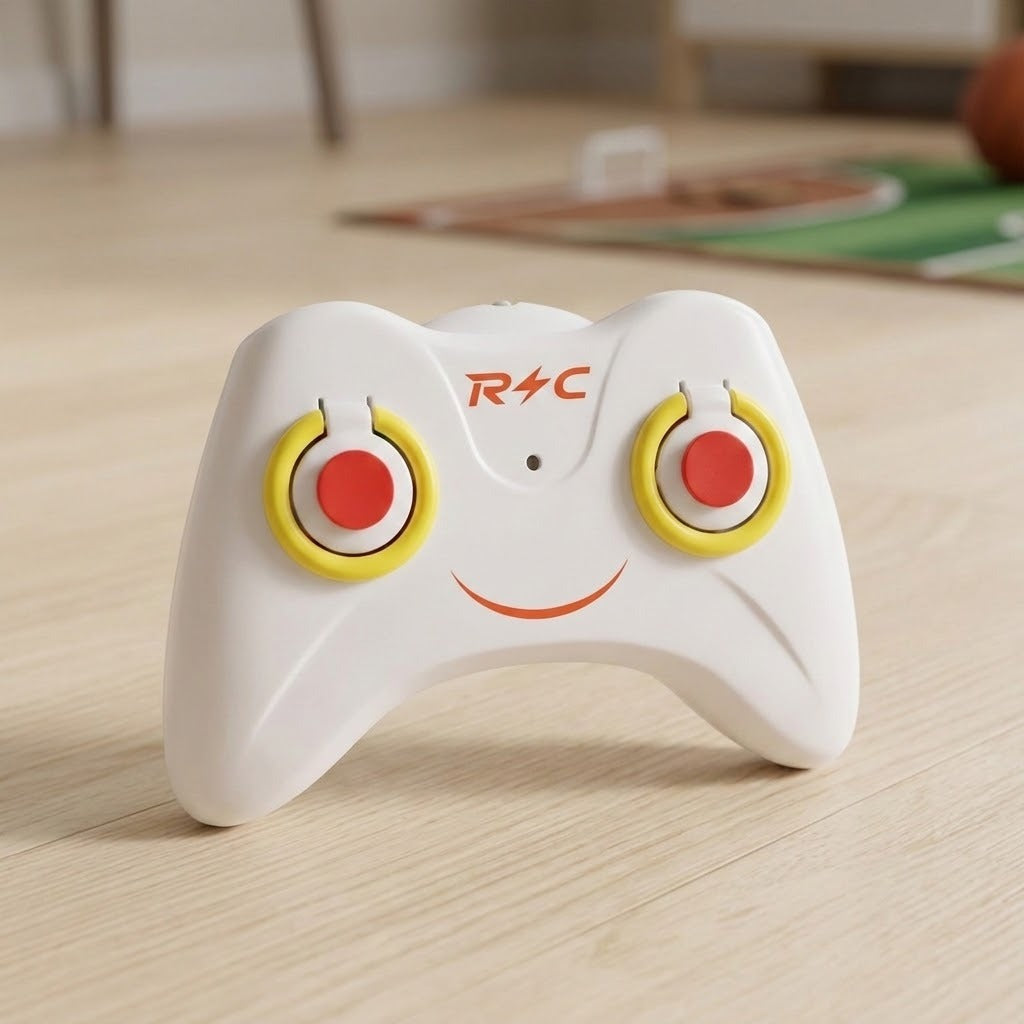 The remote control helicopter's white controller has red buttons, yellow trim, and a smiling face design on a light wooden floor.