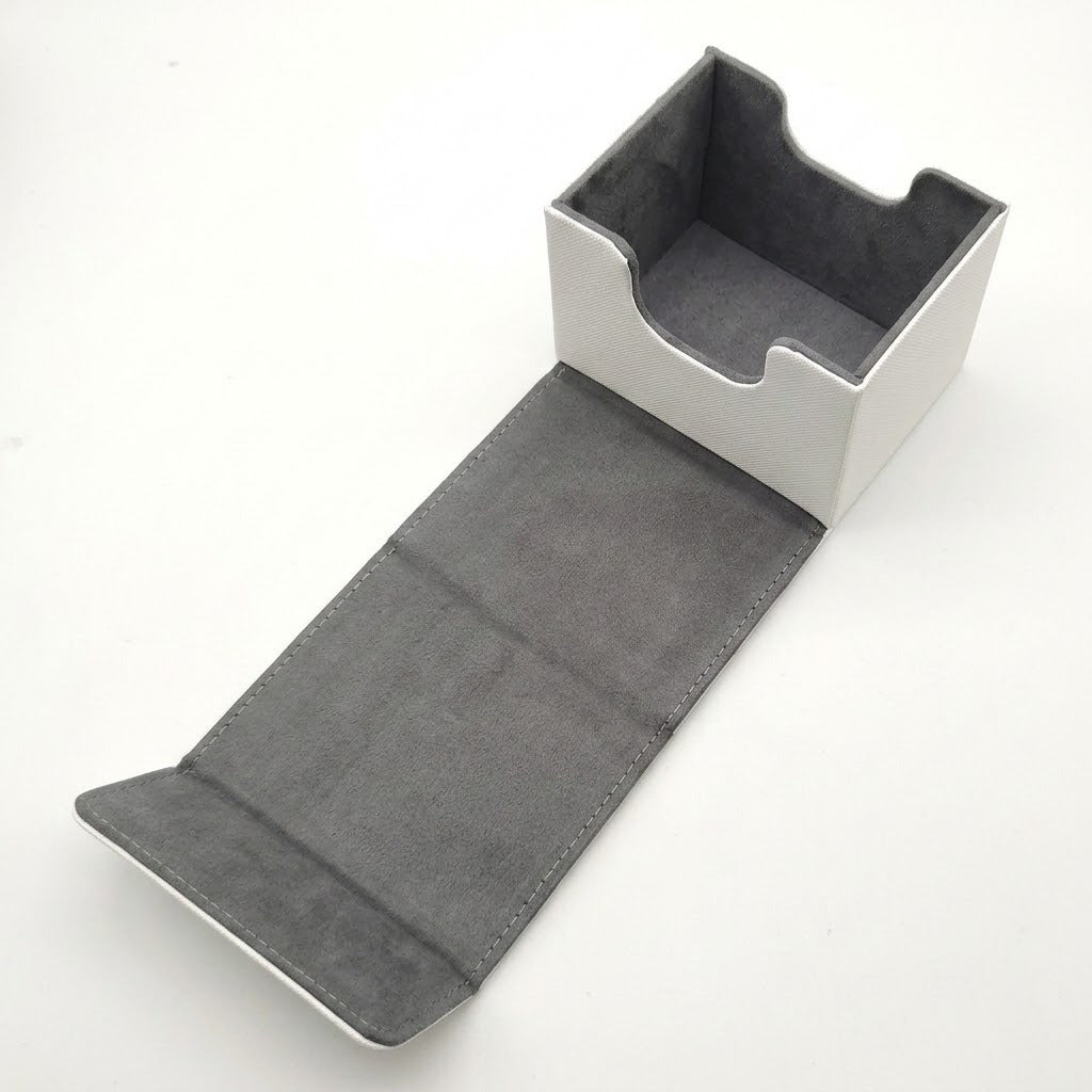 An empty white deck box with gray lining and front access cutouts rests open with its flap extended on a white background.