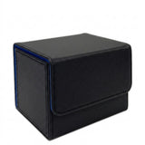 A closed black deck box with blue trim, a textured exterior, and stitched flap edges sits against a white background.
