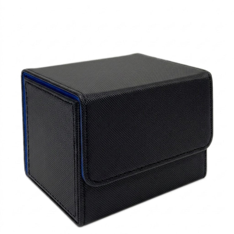 A closed black deck box with blue trim, a textured exterior, and stitched flap edges sits against a white background.