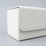 A close view of a white deck box shows its textured exterior, stitched closure flap, and gray edging against a light gray background.