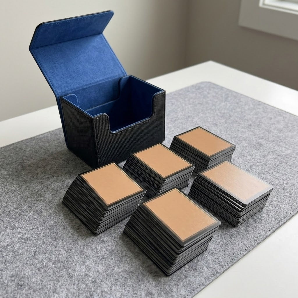 An open black deck box with blue lining sits beside five stacks of cards on a gray mat atop a white table.