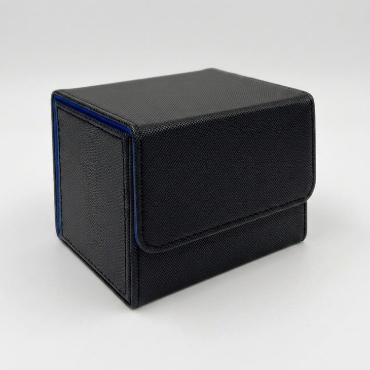 A black textured deck box with blue edge trim and a closed front flap sits on a light gray background.