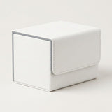 A white textured deck box with gray edging and a stitched front flap sits on a light gray background.