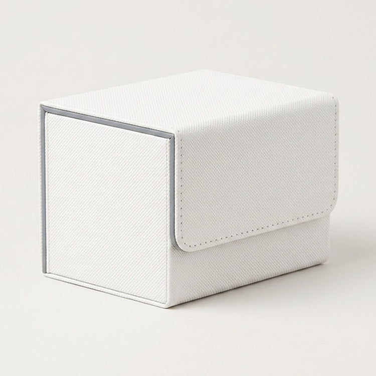 A white textured deck box with gray edging and a stitched front flap sits on a light gray background.