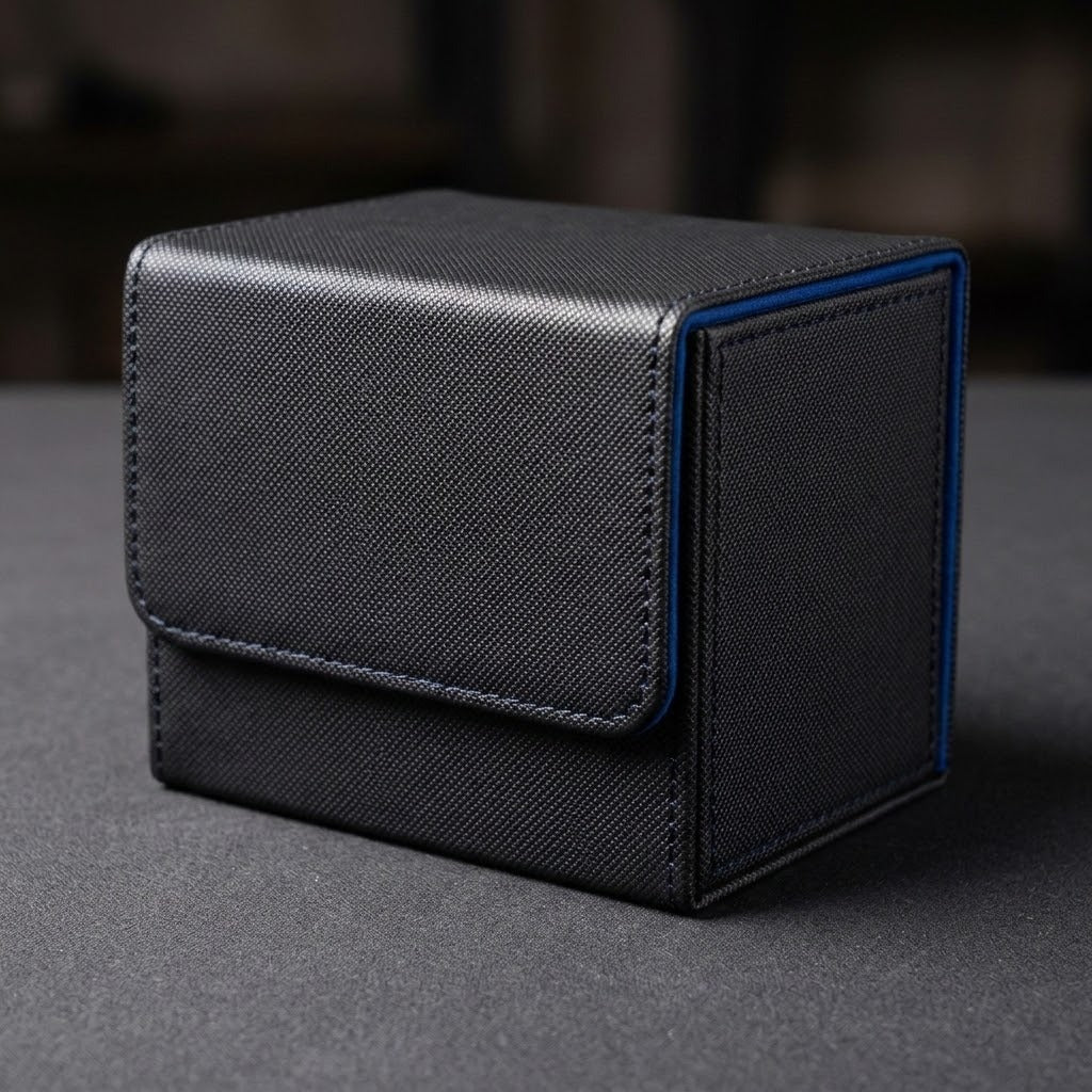 A closed black deck box with blue trim and a textured stitched flap rests on a dark gray surface against a blurred background.