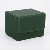 A dark green textured deck box with a closed stitched front flap sits on a white background.