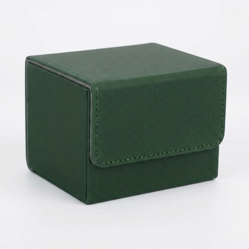 A dark green textured deck box with a closed stitched front flap sits on a white background.