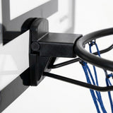 Close-up of a black basketball hoop mount attached to a white and black backboard, with a black hoop and blue net visible against a white background.