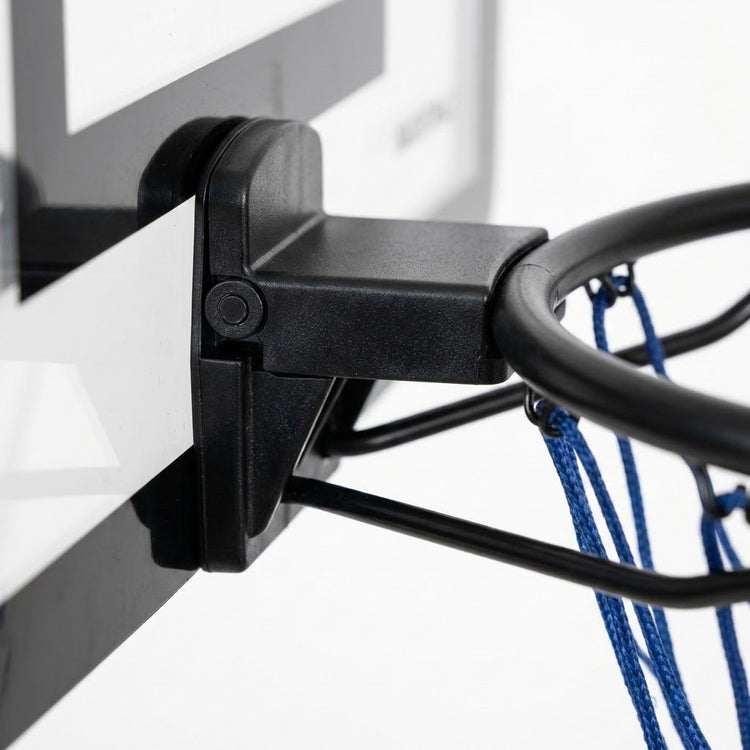 Close-up of a black basketball hoop mount attached to a white and black backboard, with a black hoop and blue net visible against a white background.