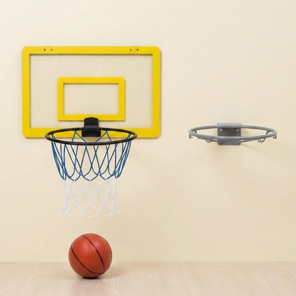 A wall-mounted basketball hoop set with a yellow backboard, black rim, blue net, and a basketball on a light wood floor against a beige wall. A separate gray wall mount is shown to the right.