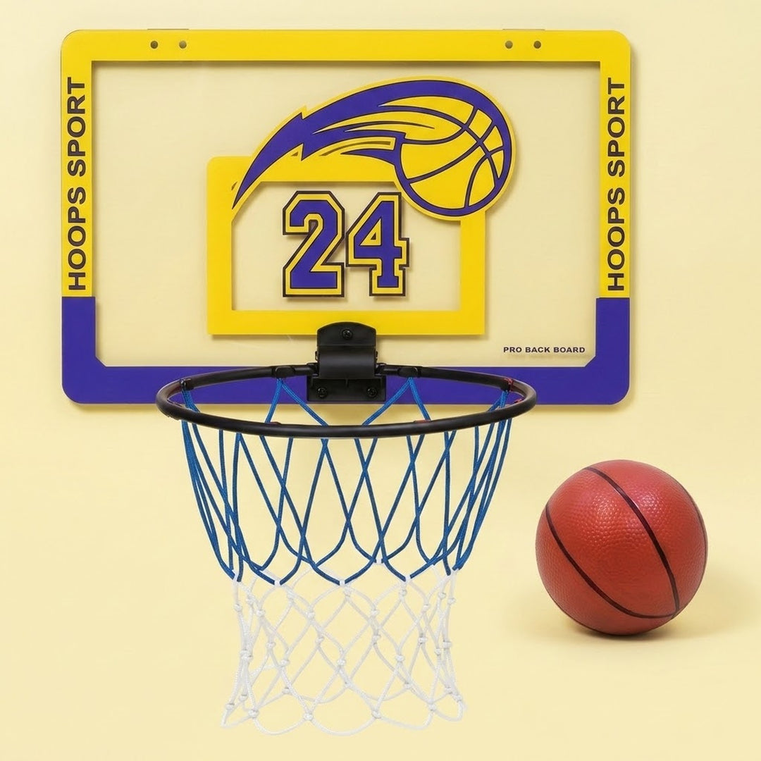 A Hoops Sport basketball backboard featuring the Los Angeles Lakers logo and number 24, shown with a black rim, blue net, and a basketball on a pale yellow background.