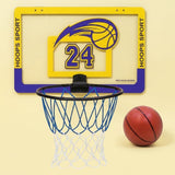 A Hoops Sport basketball backboard featuring the Los Angeles Lakers logo and number 24, shown with a black rim, blue net, and a basketball on a pale yellow background.