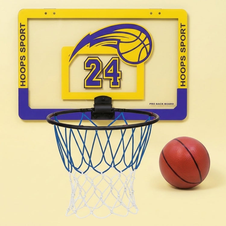 A Hoops Sport basketball backboard featuring the Los Angeles Lakers logo and number 24, shown with a black rim, blue net, and a basketball on a pale yellow background.