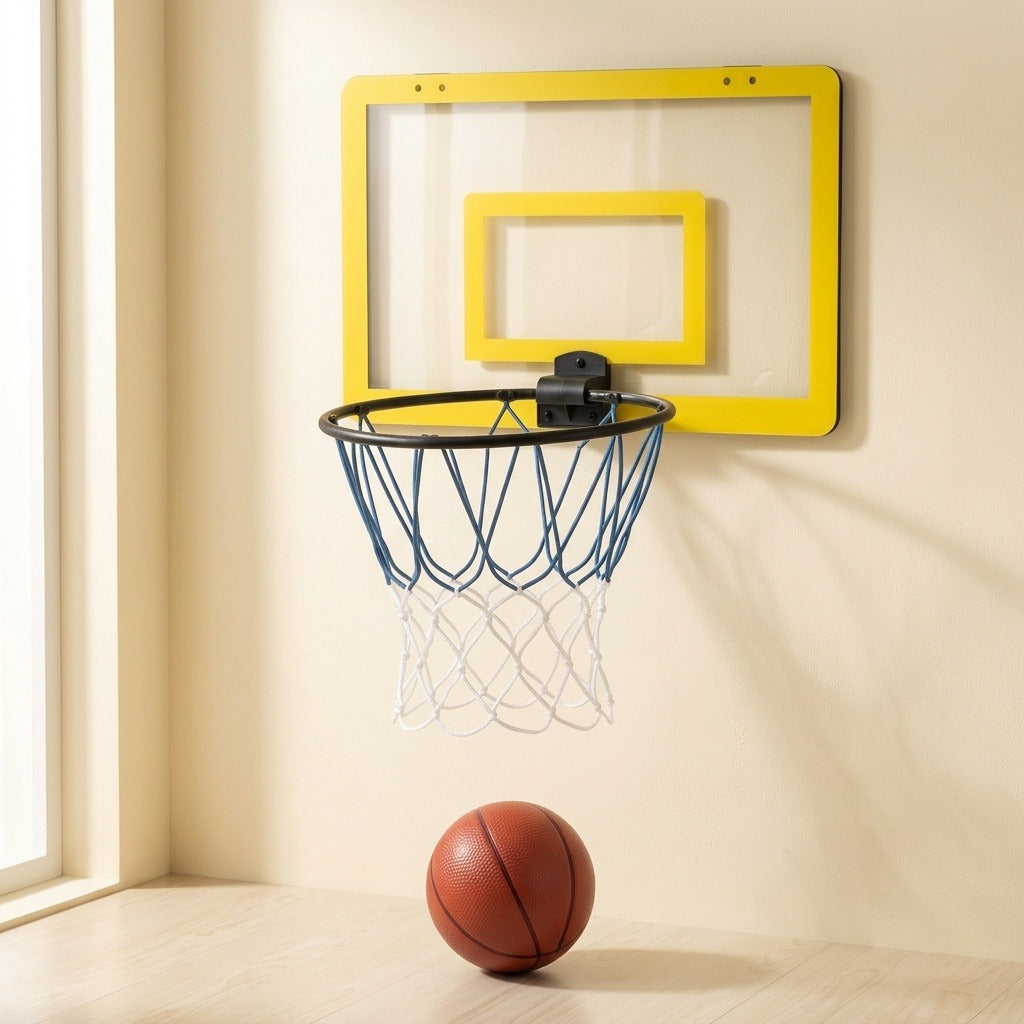 A wall-mounted basketball hoop with a bright yellow backboard frame, black rim, blue and white net, and a brown basketball resting below on a light wood floor against a cream wall.