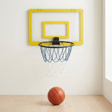 A wall-mounted basketball hoop with a bright yellow backboard frame, black rim, blue net, and white net, shown on a light wall above a wood floor with a basketball on the floor.
