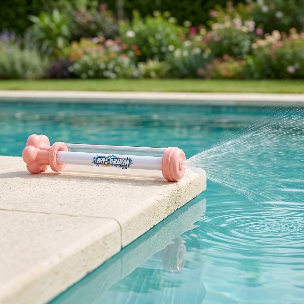 A pink and clear plastic water gun rests on a pale pool edge, spraying a fan of water over turquoise water.