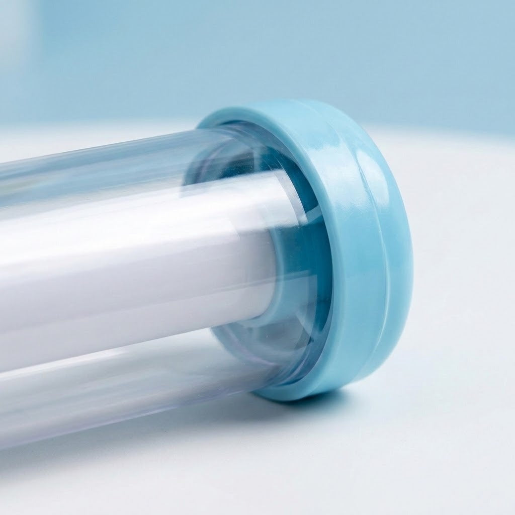 A close-up shows the water gun's clear barrel, white inner tube, and light blue end cap against a pale blue and white background.