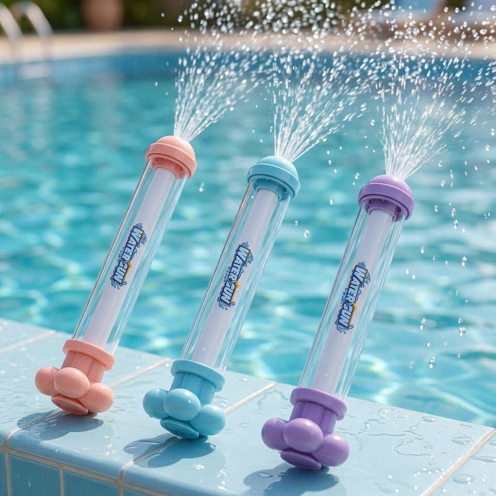 Three clear water guns with pink, blue, and purple ends spray fans of water beside a swimming pool.