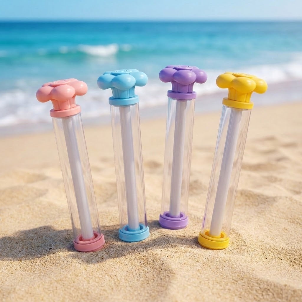 Four clear water guns with pink, blue, purple, and yellow flower-shaped handles stand on sand with ocean waves behind them.