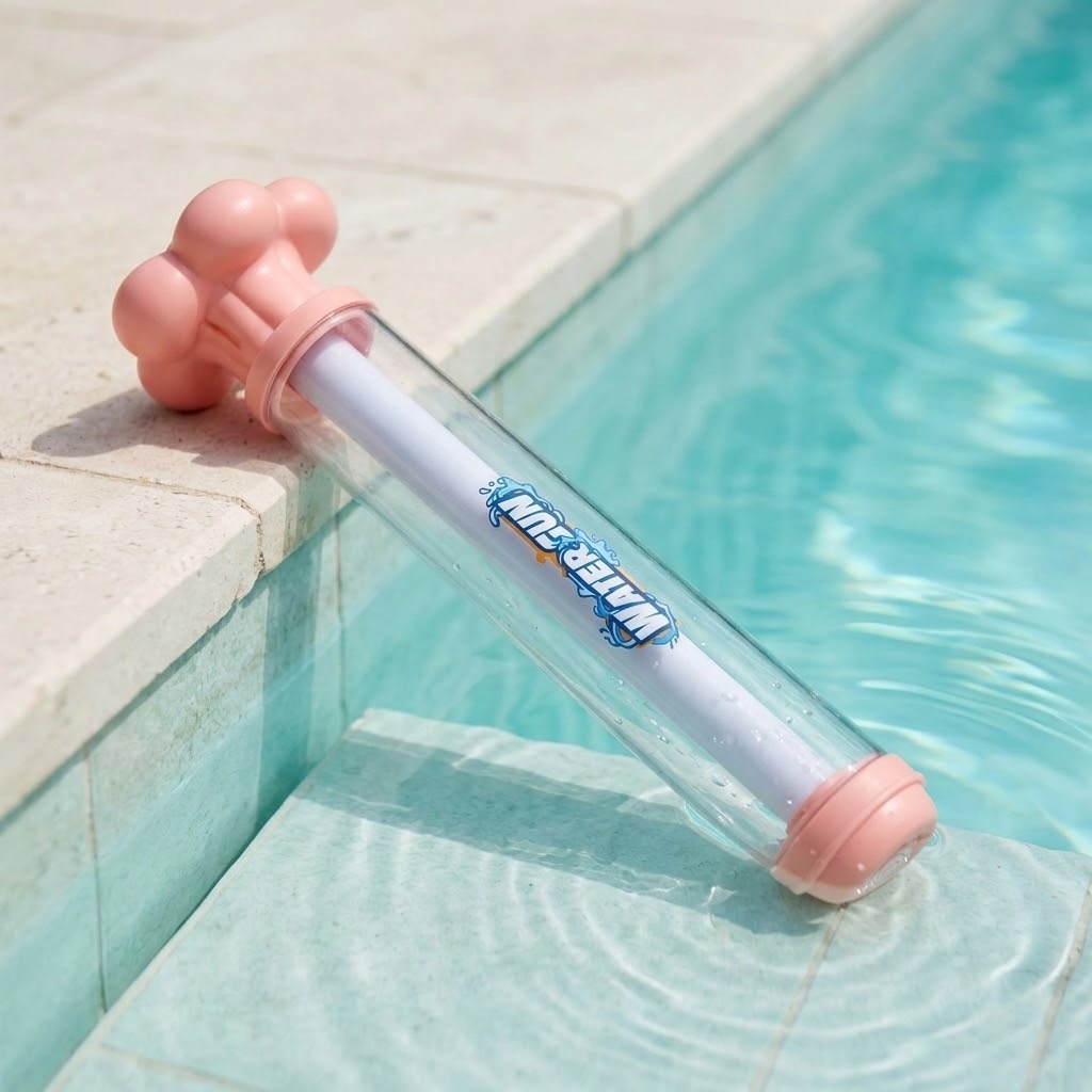 A pink and clear water gun leans from a pale pool edge onto a submerged step, with its white inner tube visible.
